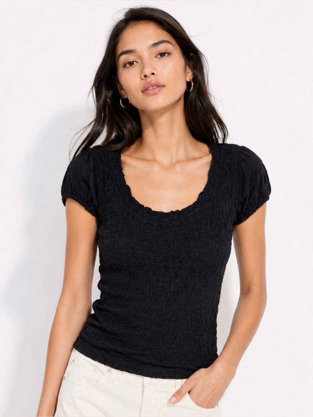 DKNY Black Textured Stretchy Scoop Neck Too With Short Puff Sleeves Size Medium